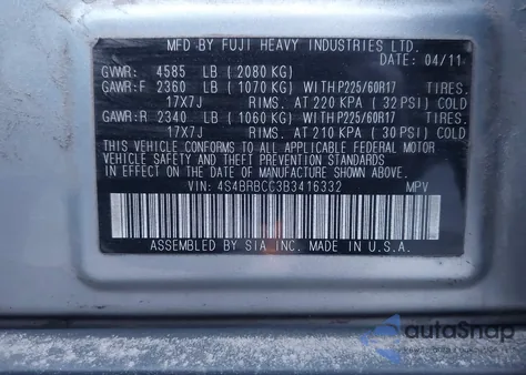 2011 Subaru Outback 2.5I Premium from USA, damaged, VIN 4S4BRBCC3B3416332